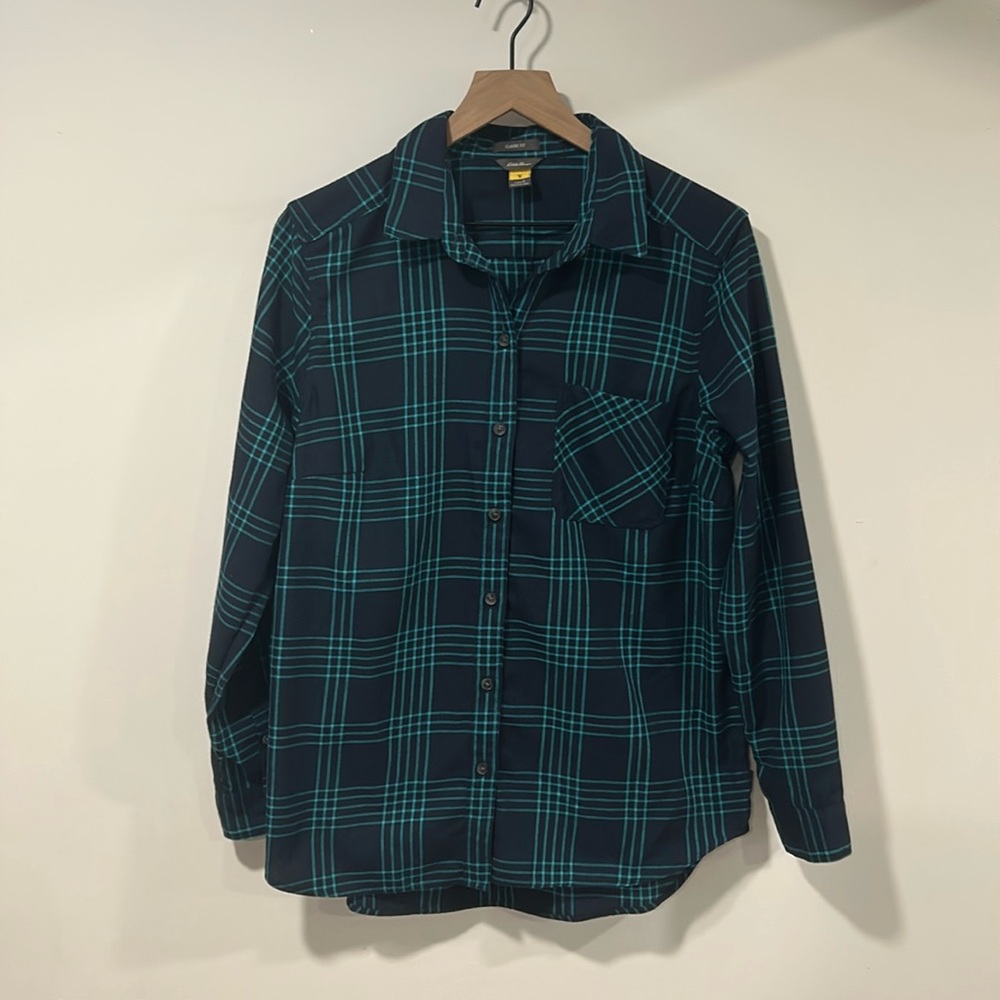 Eddie Bauer Classic Fit Plaid Flannel Shirt Blue Green Size Women’s Large